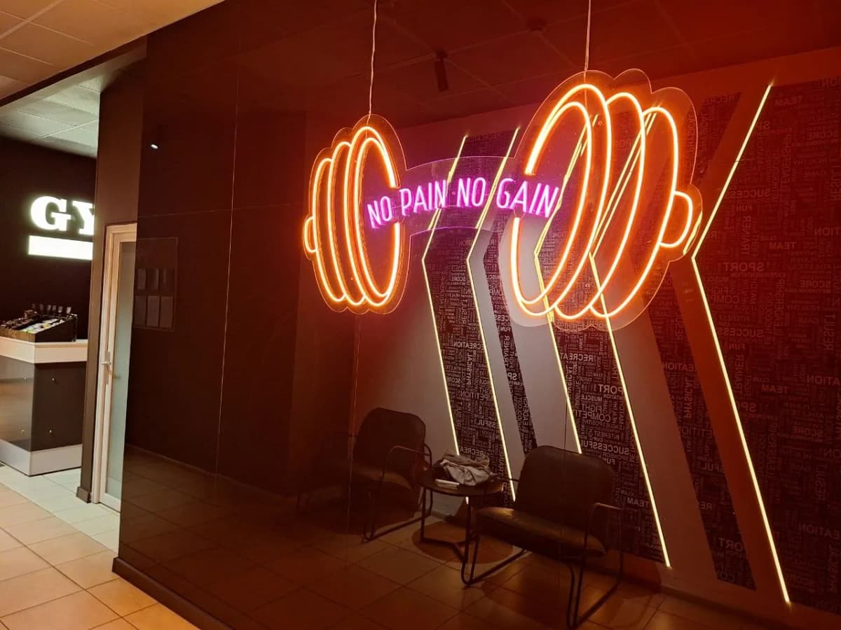 NO PAIN NO GAIN neon sign with dumbbells on a dark gym wall