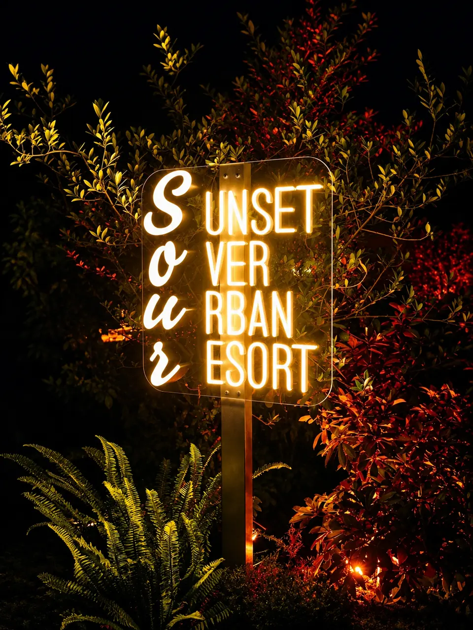 Illuminated sign for the S.o.u.r bar in the garden: the script letters S, o, u, r stacked in a column with the words UNSET, VER, RBAN, ESORT in warm neon on a clear panel