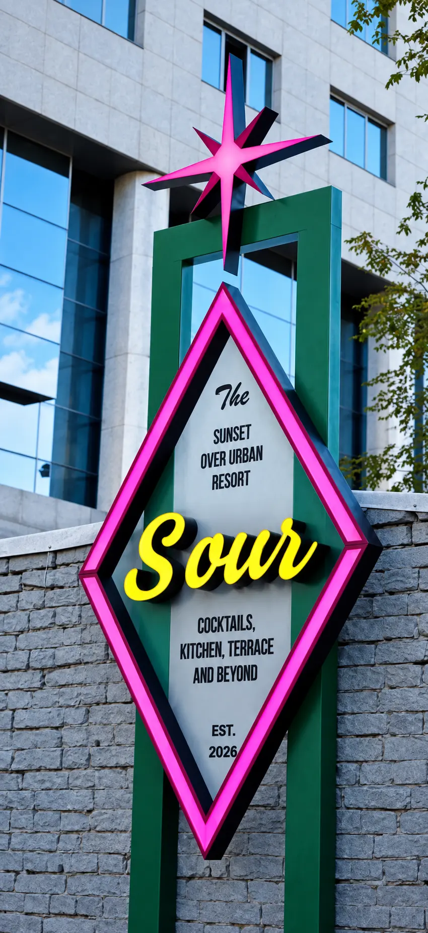 Pylon sign for the S.o.u.r bar: a diamond outlined in pink, an eight-point star above it and the word “Sour” in yellow script inside