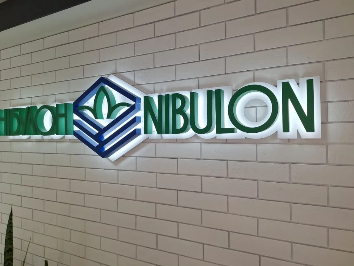 3D NIBULON lettering in two alphabets with a logo and halo lighting on a brick wall