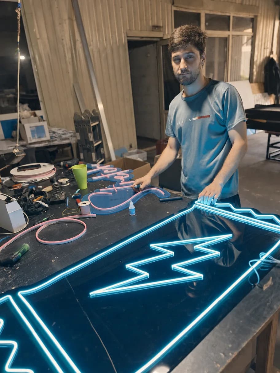 A TheFace craftsman laying out flexible LED neon on an acrylic panel at the workbench