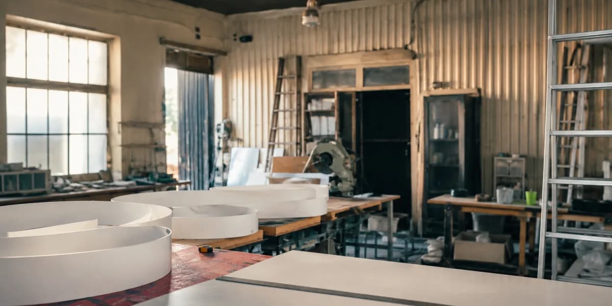 TheFace’s workshop at 29 Olzhycha St in Kyiv: sign blanks on the bench, a mitre saw and daylight from the windows